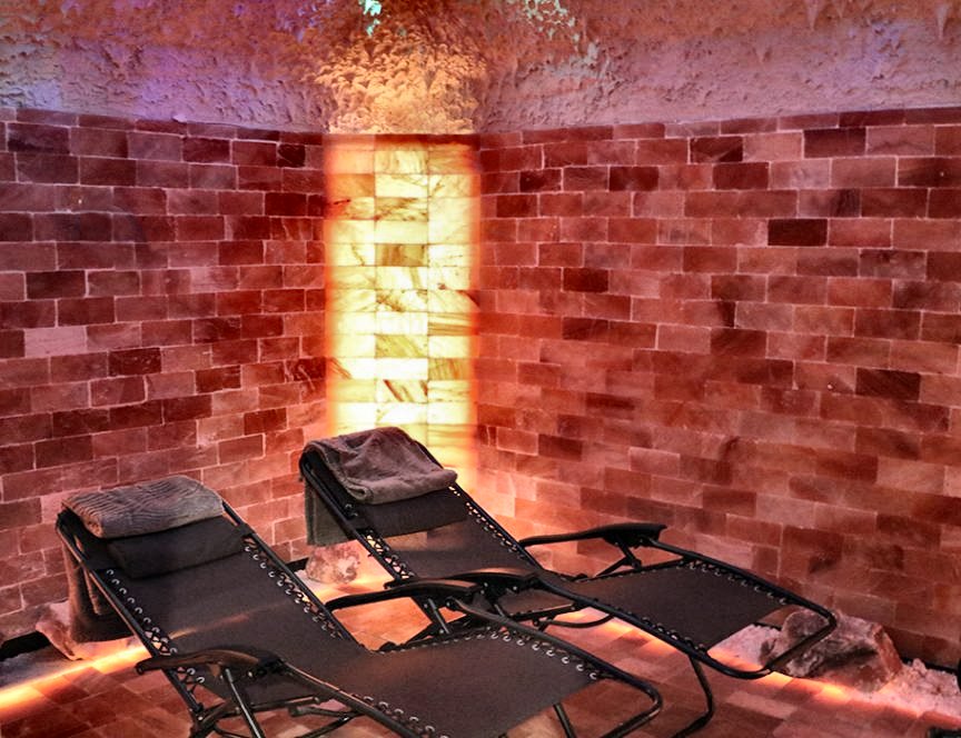 A salt room: modern and sleek elements such as Himalayan salt tiles and a smooth salt brick floor